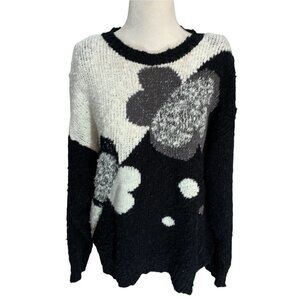 𝅺vintage 80's Canda Black/White Chunky Floral Long Sleeve Sweater Size M/L